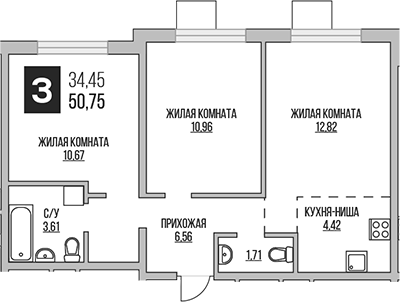 Планировка — Аникеевский, 3-комн., 51 м²