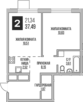 Планировка — Аникеевский, 2-комн., 37 м²