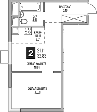 Планировка — Аникеевский, 2-комн., 33 м²