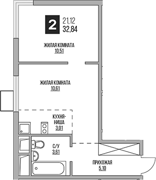 Планировка — Аникеевский, 2-комн., 33 м²