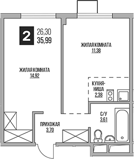 Планировка — Аникеевский, 2-комн., 36 м²