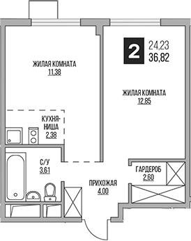 Планировка — Аникеевский, 2-комн., 37 м²