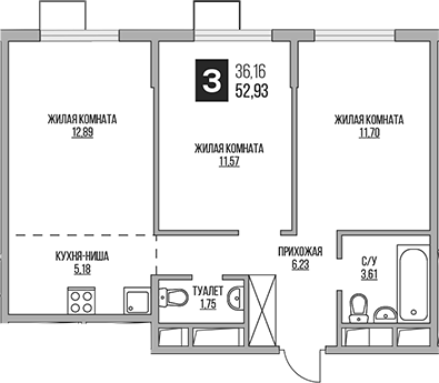 Планировка — Аникеевский, 3-комн., 53 м²