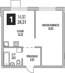 Планировка — Аникеевский, 1-комн., 34 м²