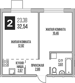 Планировка — Аникеевский, 2-комн., 33 м²