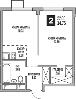 Планировка — Аникеевский, 2-комн., 35 м²