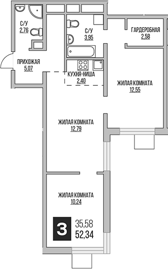 Планировка — Аникеевский, 3-комн., 52 м²