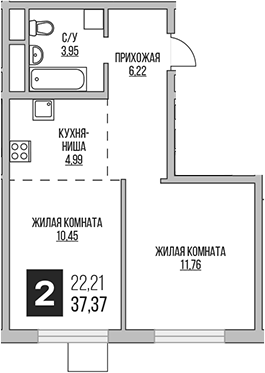 Планировка — Аникеевский, 2-комн., 37 м²