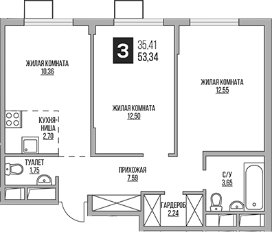 Планировка — Аникеевский, 3-комн., 53 м²