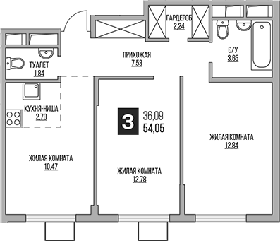 Планировка — Аникеевский, 3-комн., 54 м²