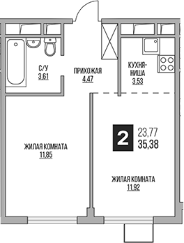 Планировка — Аникеевский, 2-комн., 35 м²