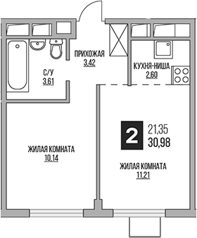 Планировка — Аникеевский, 2-комн., 31 м²