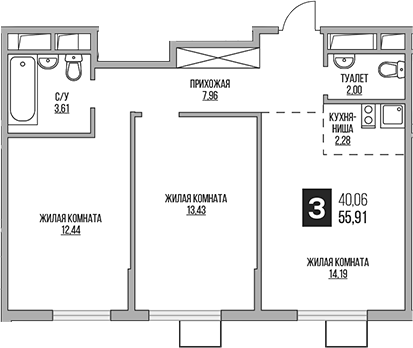 Планировка — Аникеевский, 3-комн., 56 м²