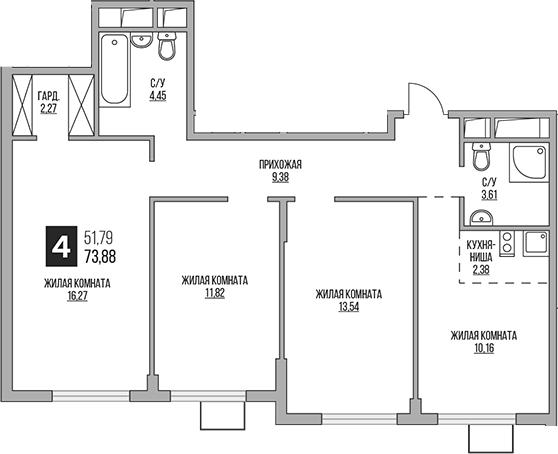 Планировка — Аникеевский, 4-комн., 74 м²