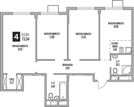 Планировка — Аникеевский, 4-комн., 73 м²