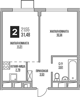 Планировка — Аникеевский, 2-комн., 31 м²