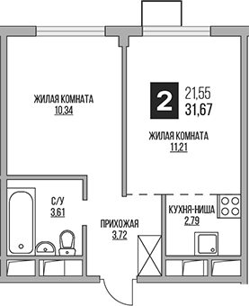Планировка — Аникеевский, 2-комн., 32 м²