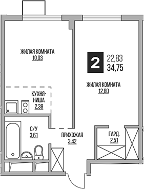 Планировка — Аникеевский, 2-комн., 35 м²