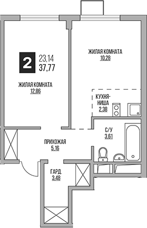 Планировка — Аникеевский, 2-комн., 38 м²