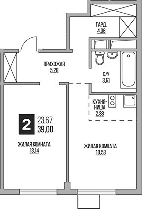 Планировка — Аникеевский, 2-комн., 39 м²