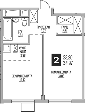 Планировка — Аникеевский, 2-комн., 35 м²