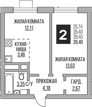 Планировка — Ильинойс, 2-комн., 39 м²