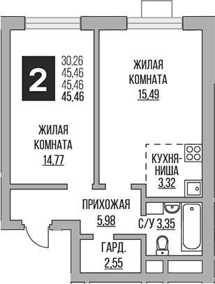Планировка — Ильинойс, 2-комн., 45 м²