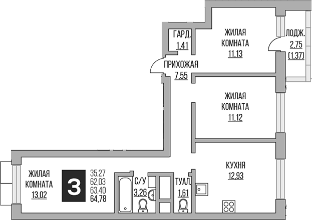 Планировка — Ильинойс, 3-комн., 62 м²