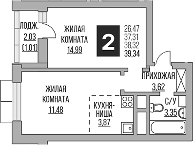 Планировка — Ильинойс, 2-комн., 37 м²