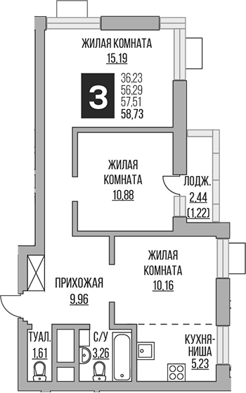 Планировка — Ильинойс, 3-комн., 56 м²