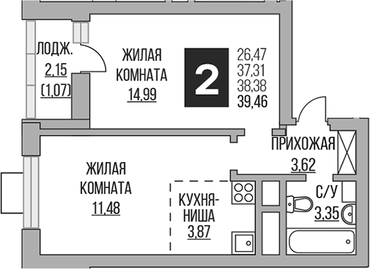 Планировка — Ильинойс, 2-комн., 37 м²