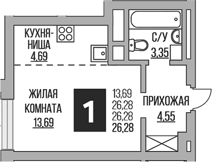 Планировка — Ильинойс, Студия, 26 м²