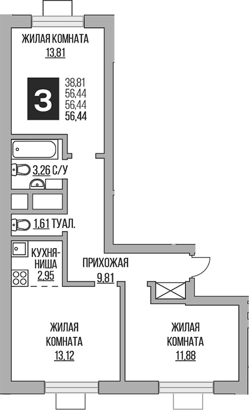 Планировка — Ильинойс, 3-комн., 56 м²