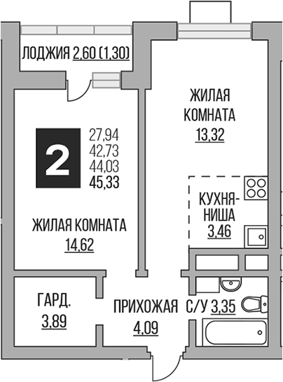 Планировка — Ильинойс, 2-комн., 43 м²