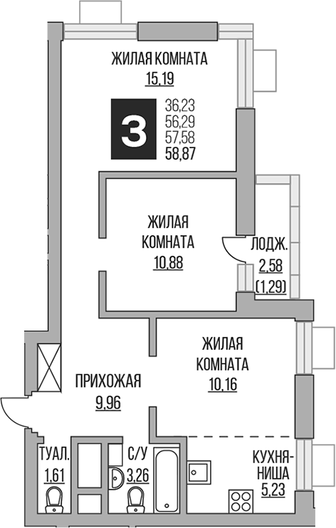 Планировка — Ильинойс, 3-комн., 56 м²