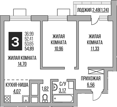 Планировка — Ильинойс, 3-комн., 52 м²