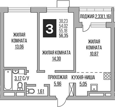 Планировка — Ильинойс, 3-комн., 54 м²