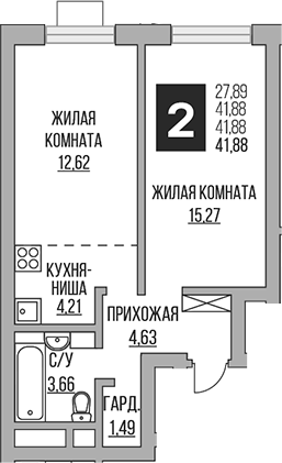 Планировка — Ильинойс, 2-комн., 42 м²