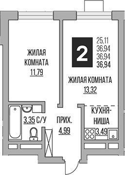 Планировка — Ильинойс, 2-комн., 37 м²