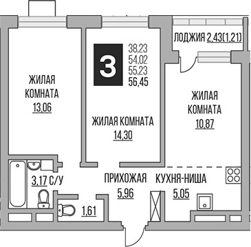 Планировка — Ильинойс, 3-комн., 54 м²