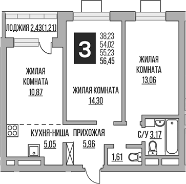 Планировка — Ильинойс, 3-комн., 54 м²