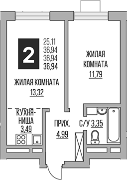 Планировка — Ильинойс, 2-комн., 37 м²