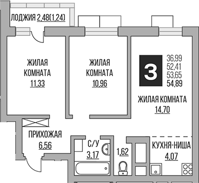 Планировка — Ильинойс, 3-комн., 52 м²