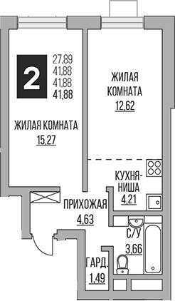 Планировка — Ильинойс, 2-комн., 42 м²