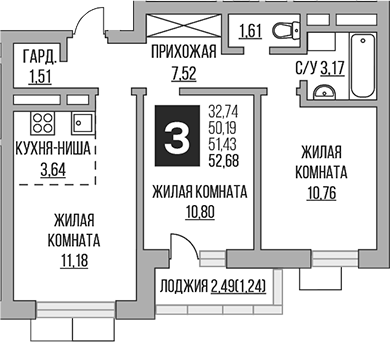 Планировка — Ильинойс, 3-комн., 50 м²