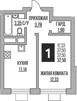Планировка — Ильинойс, 1-комн., 33 м²
