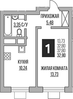 Планировка — Ильинойс, 1-комн., 33 м²