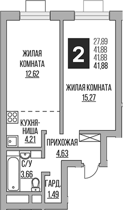 Планировка — Ильинойс, 2-комн., 42 м²
