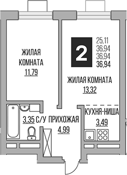 Планировка — Ильинойс, 2-комн., 37 м²