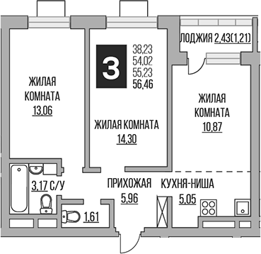 Планировка — Ильинойс, 3-комн., 54 м²